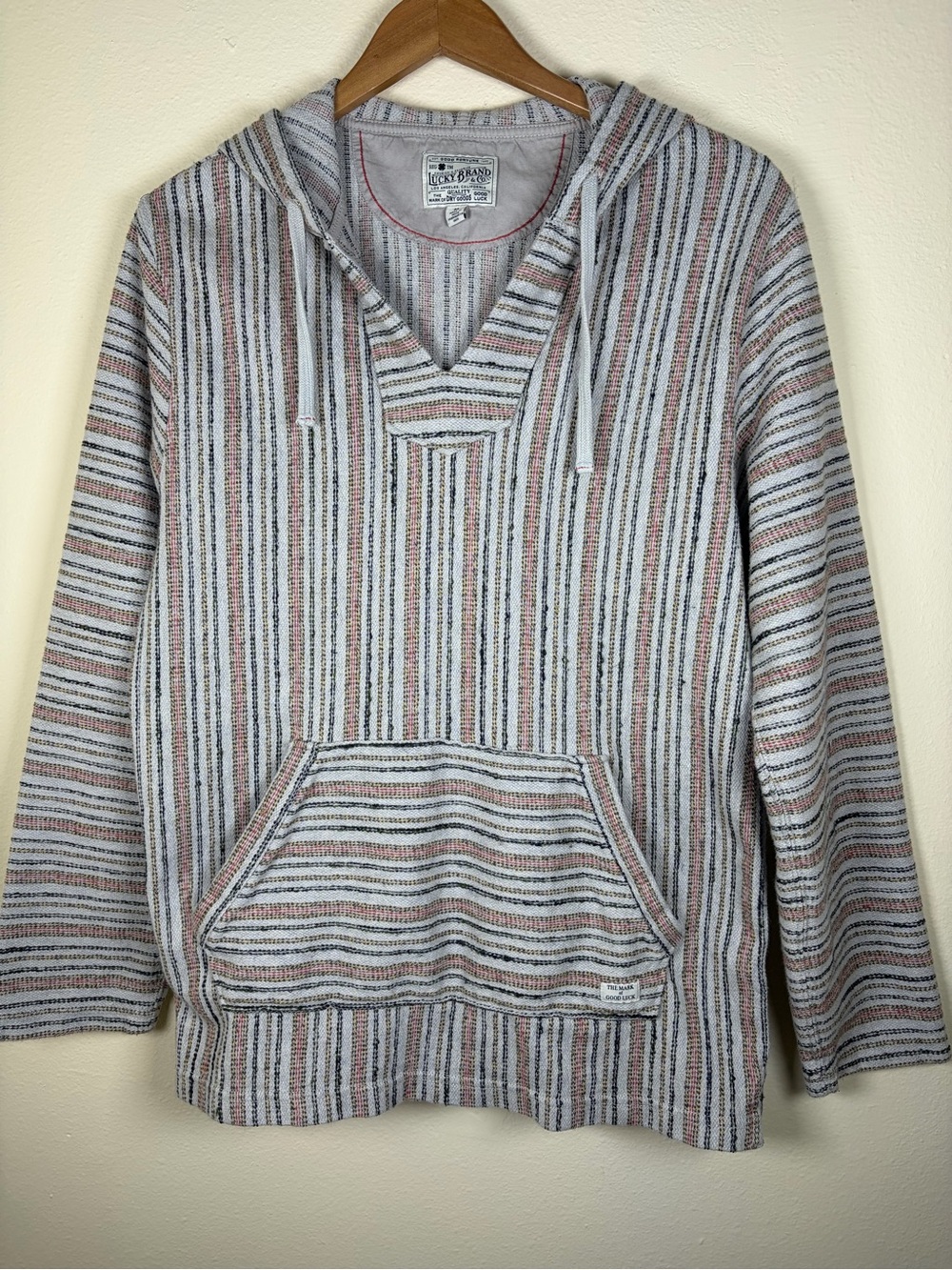Lucky Brand Baja Striped Pullover Hoodie Men’s Medium Gray Cotton Blend